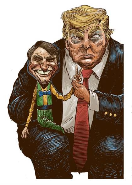 Charge: Bolsonaro sentado no colo de Trump