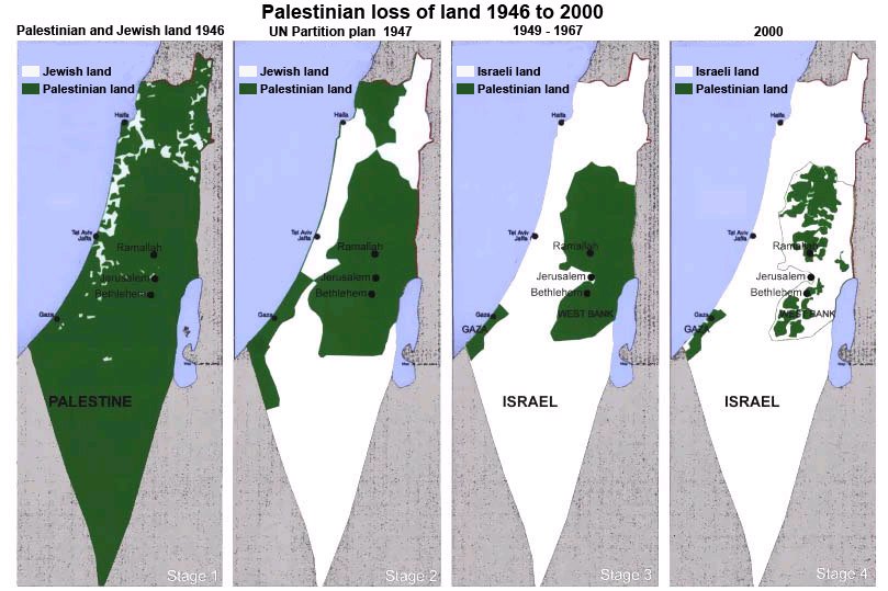 Mapa mostra a evolução de Israel de 1946 a 2000, avançando cada vez mais sob o território palestino. Em 1946 quase todo o território era palestino. Já em 2000, os palestinos vivem apenas em áreas pontilhadas dentro de Israel.