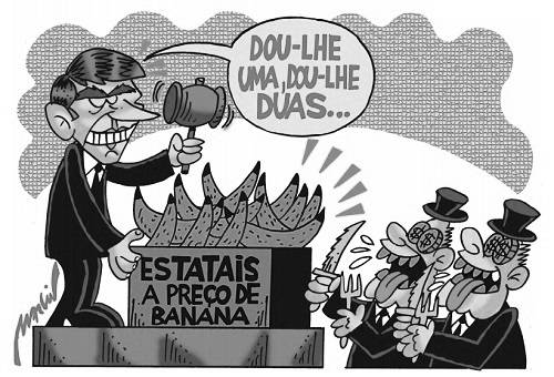 Charge de Bolsonaro em cima de um palco com um martelo de leilão na mão dizendo "dou-lhe uma, dou-lhe duas...". Em cima do balcão, bananas. Embaixo, burgueses famintos com garfos e facas.