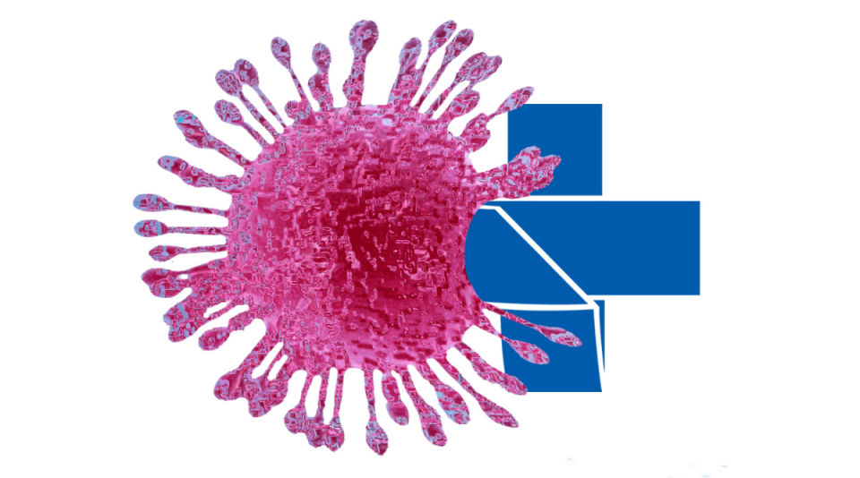Figura do coronavirus e do logotipo do SUS entrando em contato com o vírus como um anticorpo.