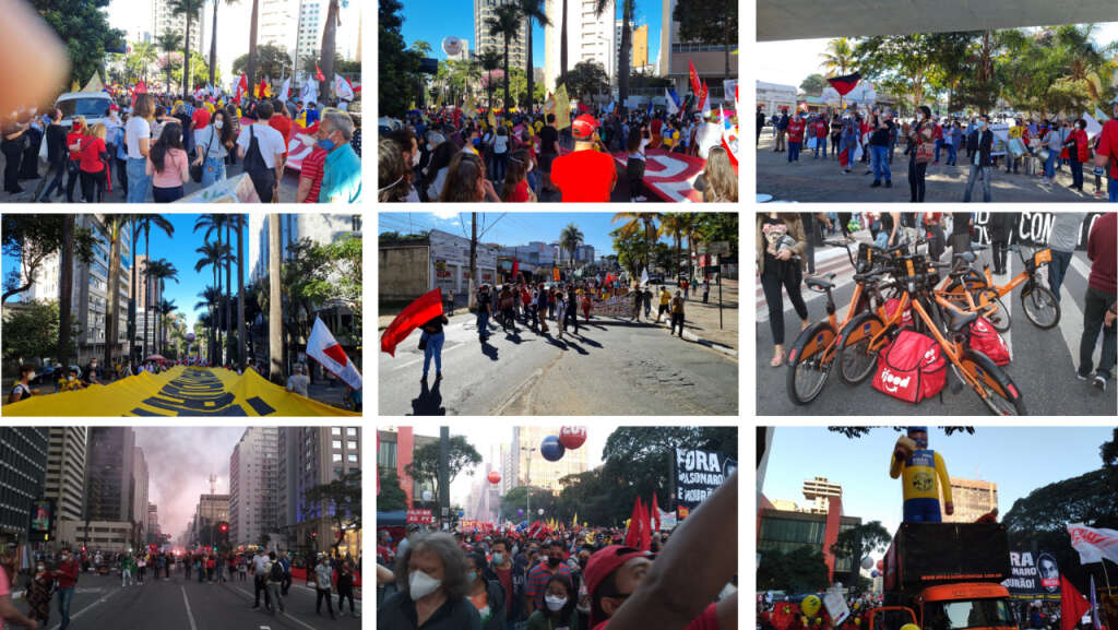Montagem de nove fotografias de atos "Fora Bolsonaro" em vários lugares do Brasil, no dia 25/07/2021, mostrando muitas pessoas reunidas.