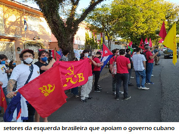 Fotografia de ato de apoio ao regimo cubano no Brasil, pessoas segurando as bandeiras do PCB