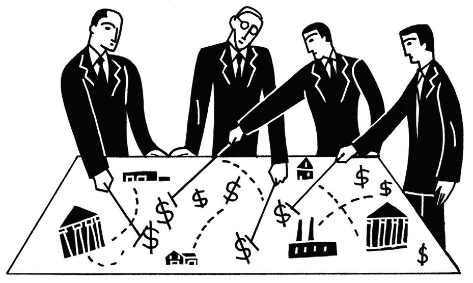 Desenho de capitalistas segurando varetas em que mexem peças em um tabuleiro. As peças representam bancos, indústrias, casas, etc.