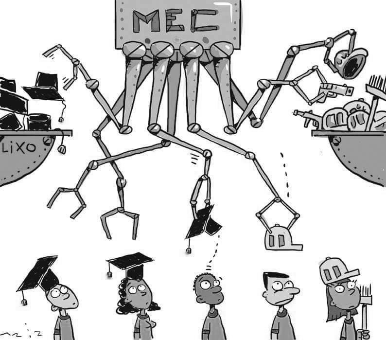 Desenho mostra um robô tirando capelos da cabeça de estudantes e colocando capacetes de operários e ferramentas para eles
