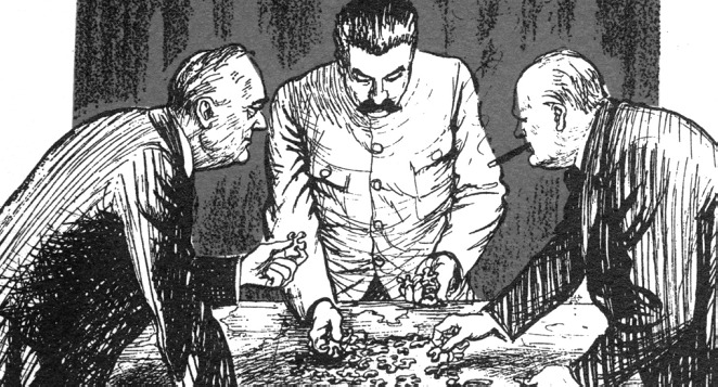 Desenho de Stalin, Roosevel e Churchil debruçados sobre um tabuleiro com o mapa-mundi, em que movem peças.