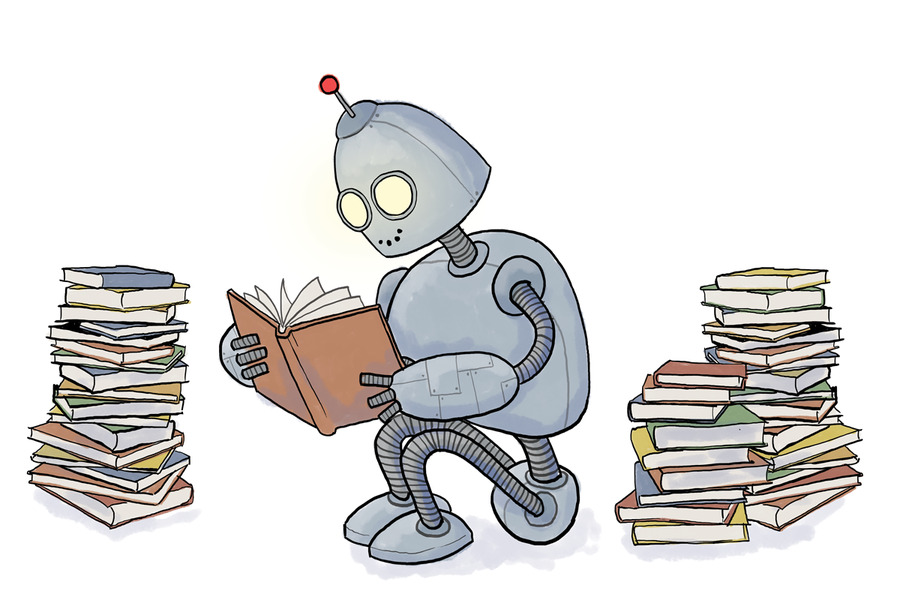 Charge mostra um robô lendo um livro. Ao lado, duas pilhas de livros.