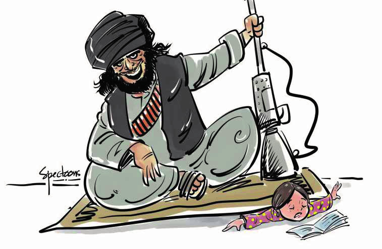 Charge mostra combatente do Talibã sentado com cara de sarcasmo, apoiando uma metralhadora nas costas de uma criança deitada