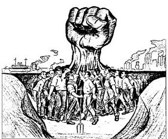 Desenho mostra uma multidão de trabalhadores juntos, com as mãos esguidas que, ao se juntarem, formam um grande punho cerrado.