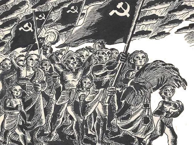 Uma imagem, no estilo xilogravura, mostra pessoas avançando, com foices na mão e segurando bandeiras com o símbolo da foice e o martelo.