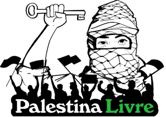 Desenho de uma pessoa com um lenço palestino, segurando uma chave com o punho levantado. Em primeiro plano, mais abaixo, várias pessoas com bandeiras.