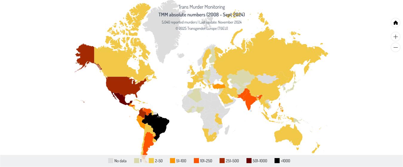 Mapa-mundi que mostra a quantidade de assassinatos de pessoas trans em cada país, onde o Brasil aparece como o país onde há mais assassinato de pessoas trans.