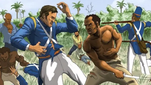 Em uma ilustração, uma batalha entre homens negros e colonizadores. Em primeiro plano, um homem negro com uma espada atinge um colonizador branco.