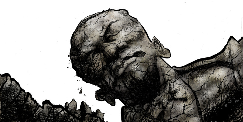Ilustração de um homem feito de rocha, com uma expressão de dor e com a cabeça inclinada a esquerda, como se fosse bater em uma outra estrutura de rocha, desenhada mais abaixo.