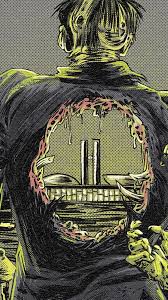 Desenho de um monstro com feições humanas com um buraco no meio do tronco, como se fosse uma boca gigante, pela qual é possível ver o prédio do congresso nacional em Brasília.