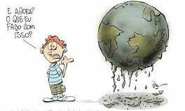 Charge em que um garoto aponta para um planeta terra em que escorre lama, enquanto diz "E agora? O que eu faço com isso?"