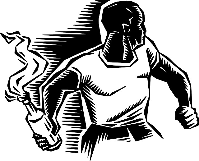 Desenho de um homem segurando um coquetel molotov, pronto para lançar.