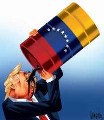 Charge de Trump bebendo petróleo de um barril com a bandeira da venezuela