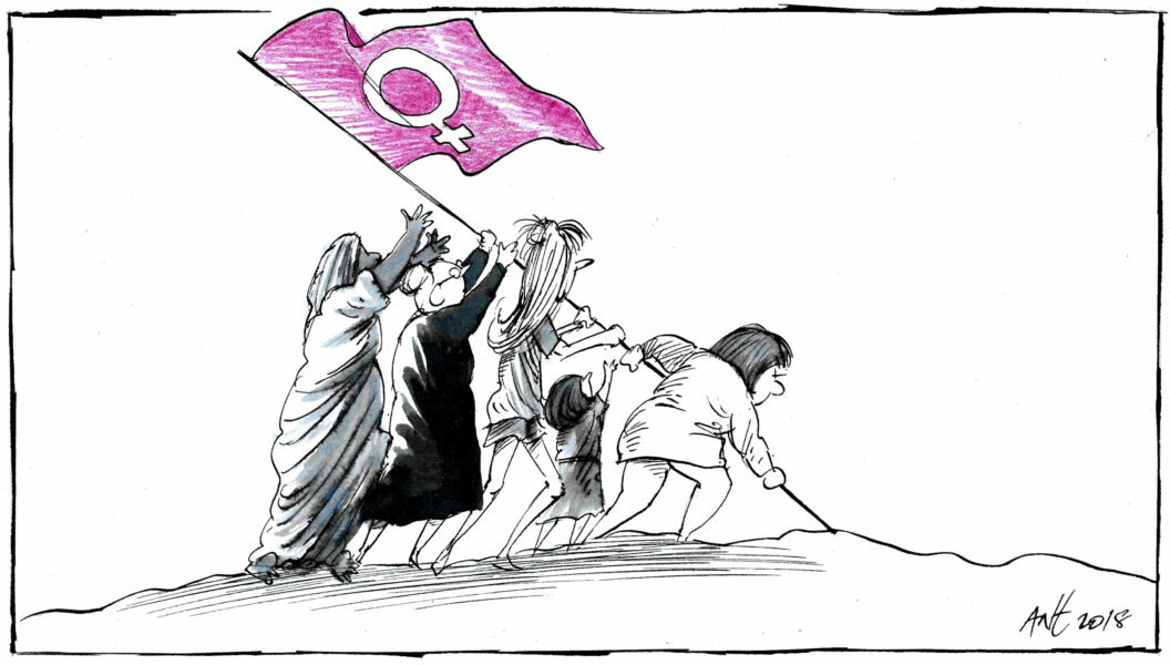 Desenho em que mulheres seguram um mastro com uma bandeira com o símbolo do feminino, enquanto fincam no chão.