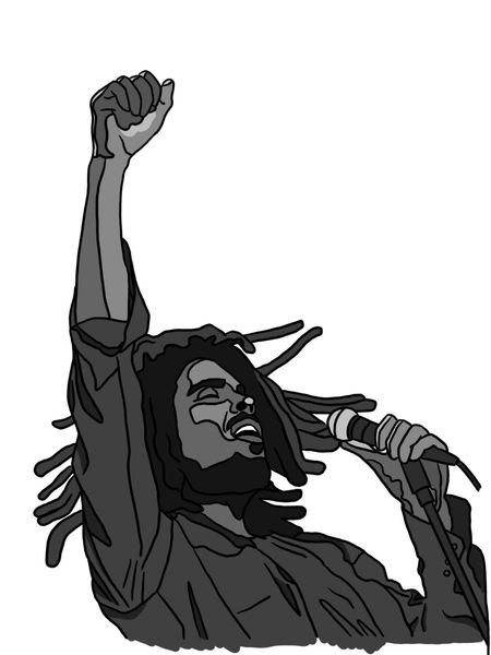 Desenho de Bob Marley cantando, segura o microfone com uma mão enquanto levanta o punho com a outra.