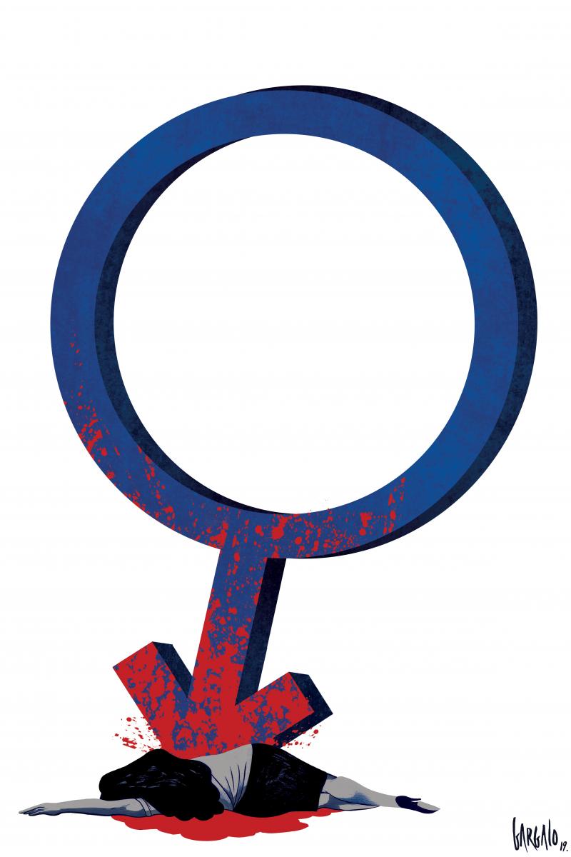 Desenho como símbolo de feminino apoiado sobre um corpo feminino, deitado sobre uma poça de sangue.