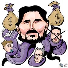 Charge em que Vorcaro aparece como um polvo gigante, e seus tentáculos seguram cabeças de políticos, como Nikolas Ferreira.