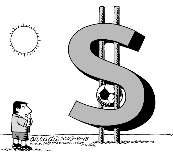 Charge em que um homem olha para uma bola de futebol presa entre duas estacas, que se revela serem as barras verticais do símbolo de cifrão.
