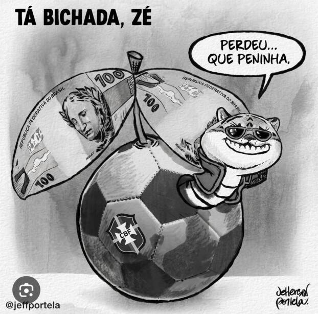Charge de uma bola de futebol como fruta, com o brasão da CPF, da qual saem duas folhas com emblemas de dinheiro. Uma lagarta usando óculos de sol sai da bola e diz "Perdeu... que peninha". O título da imagem, acima, é "Tá bichada, Zé".