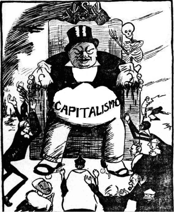 Charge em que um homem de cartola bem gordo se encontra sentado em uma poltrona, ao meio da imagem. Em sua barriga, lê-se "Capitalismo". Ao seu redor, diversas pessoas simbolizando banqueiros, reis e chefes religiosos, ajoelham adorando-o.