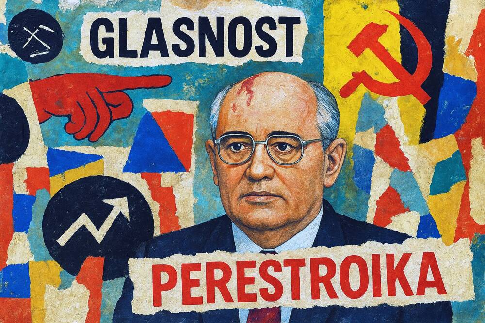 Figura com Gorbachev em primeiro plano (um homem branco, de óculos, careca, com uma marca vermelha na cabeça). As palavras "Glasnost" e "Perestroika" em destaque e vários símbolos ao fundo, coloridos, inclusive o símbolo da foice e martelo.