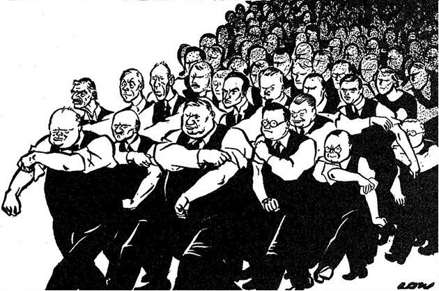 Charge com dezenas de trabalhadores andando em passeata, enquanto dobram as mangas das camisas, com os punhos cerrados.
